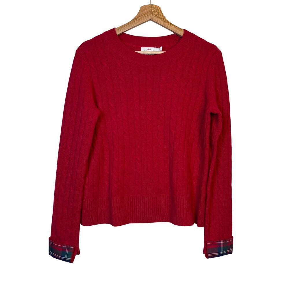 Vineyard Vines Cable Knit Cashmere Sweater Size Small Red Plaid Cuffed Preppy